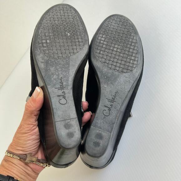 Cole Haan Black Suede Stitched Leather Mules Clogs Size 9.5 Wedge Hill Slip On - Picture 10 of 11